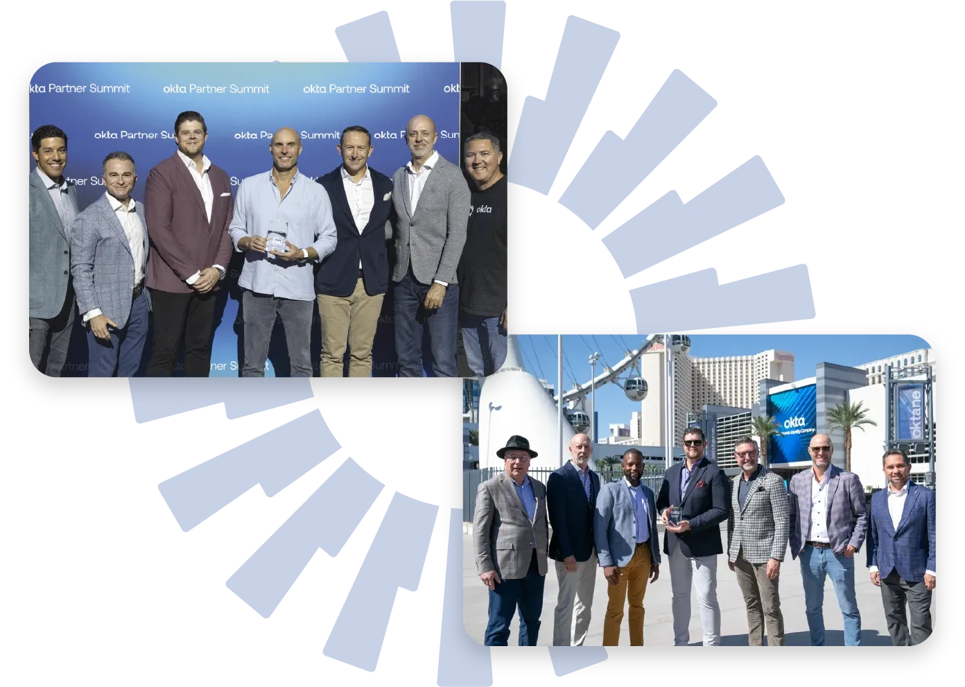 Alchemy leadership accepting Okta Partner of the Year awards at the Okta Partner Summit and Oktane.